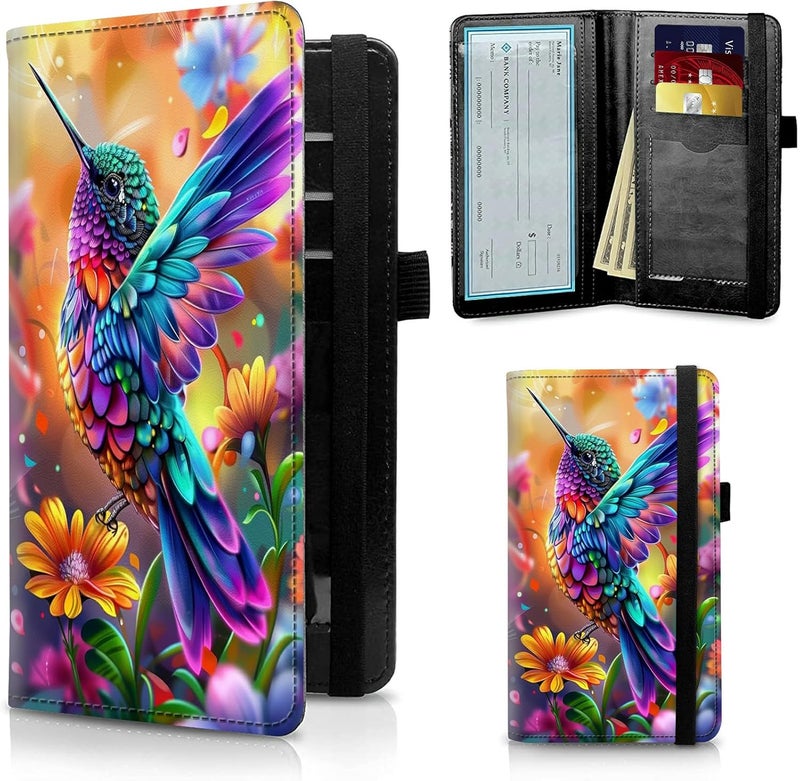 FUYOCWE Leather Checkbook Covers for Men Women Check book Holder Cover Wallets for Personal Checkbook Duplicate Checks with RFID Blocking & Elastic Strap-Colorful Hummingbird with Flower - Image 1